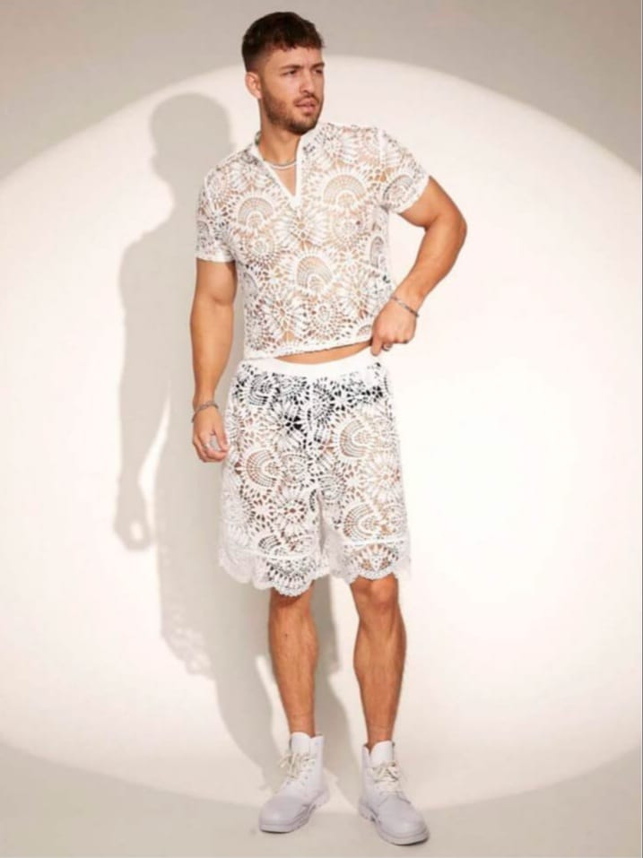 Men's Water Soluble Lace Short Sleeve Polo Sleepwear